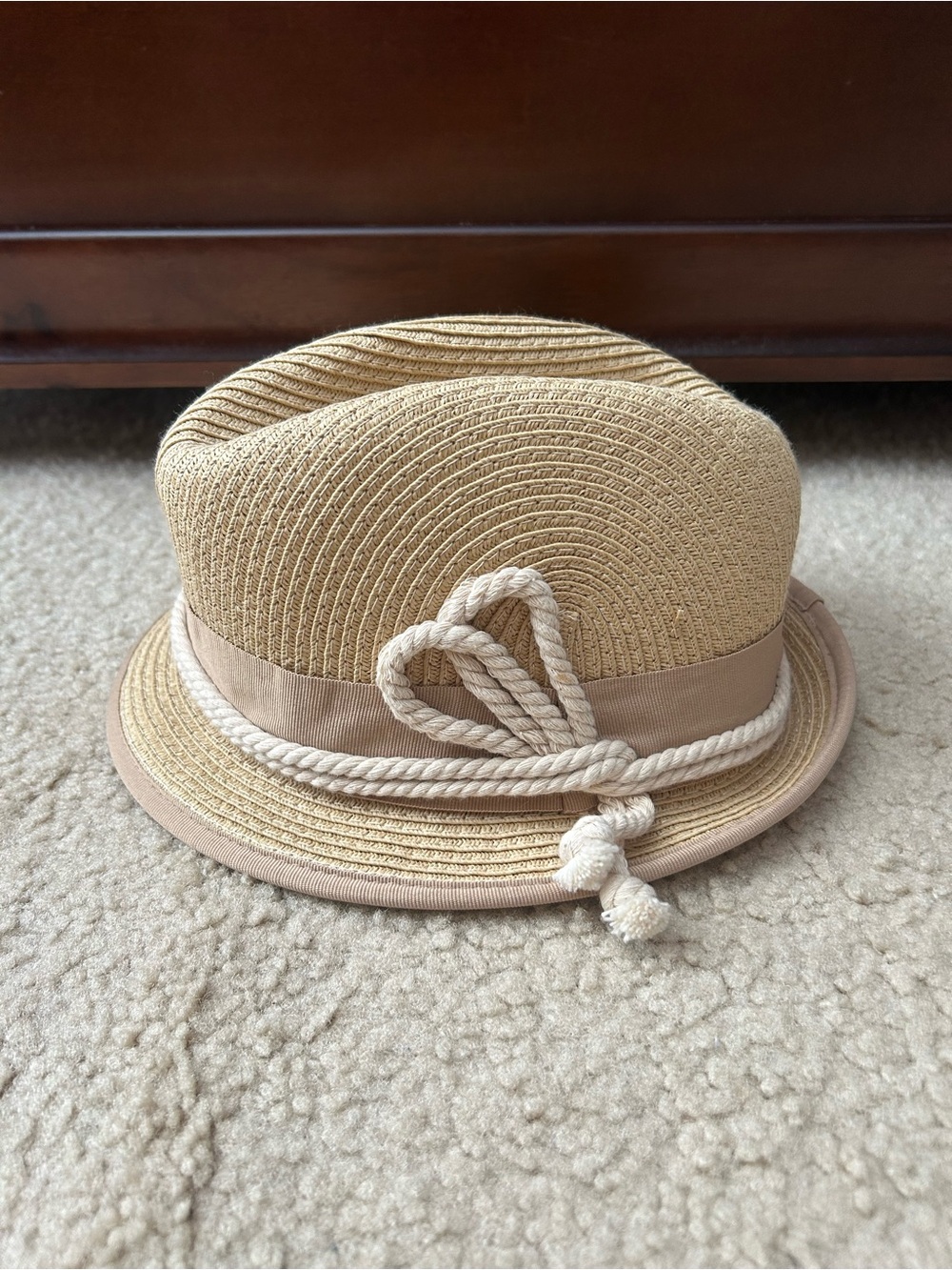 Kids Straw Fedora Hat with Rope Accent - Beige